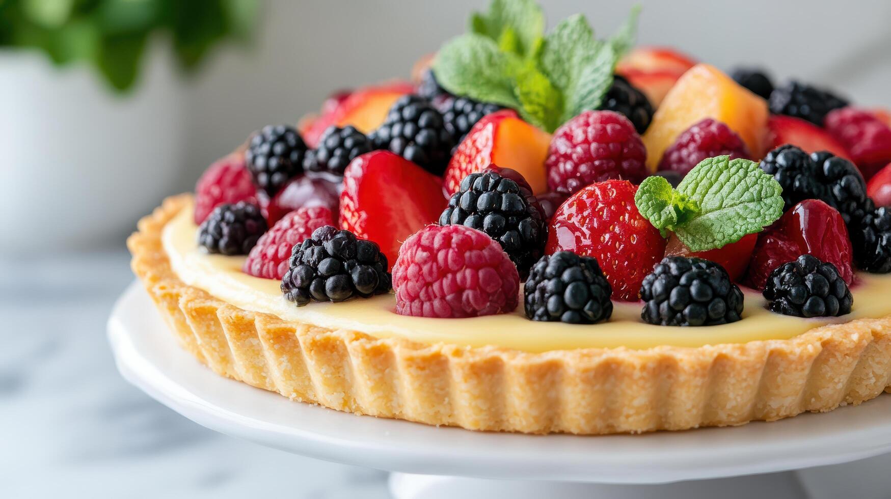 A tart with fresh berries and mint on a white plate photo