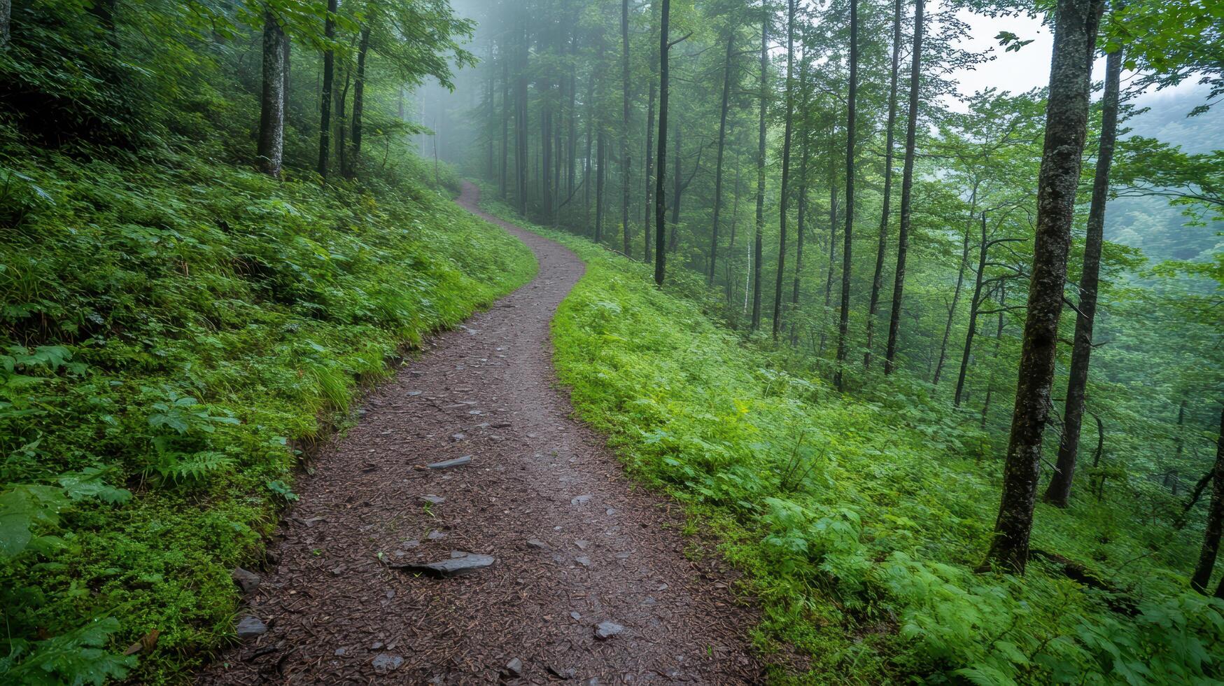 A dirt path in the woods with trees and grass photo