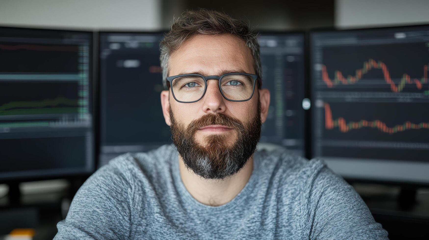 A man with glasses and beard sitting in front of three computer monitors photo