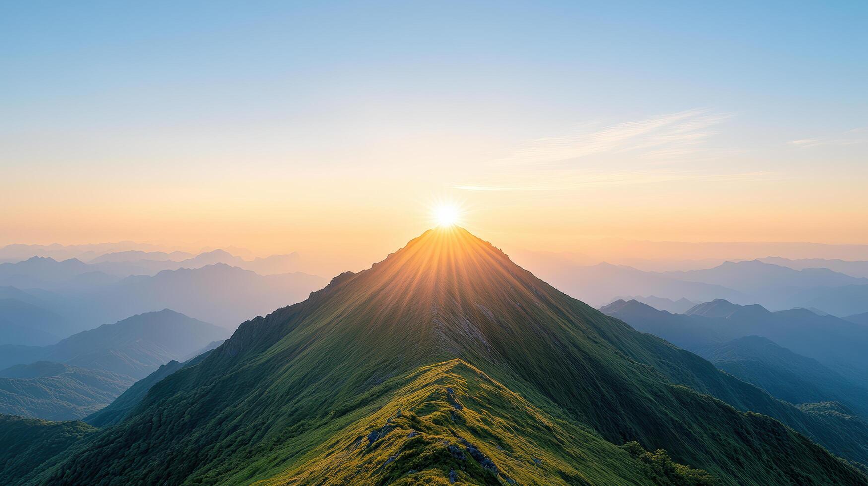 breathtaking view of mountain peak illuminated by rising sun, surrounded by rolling hills photo