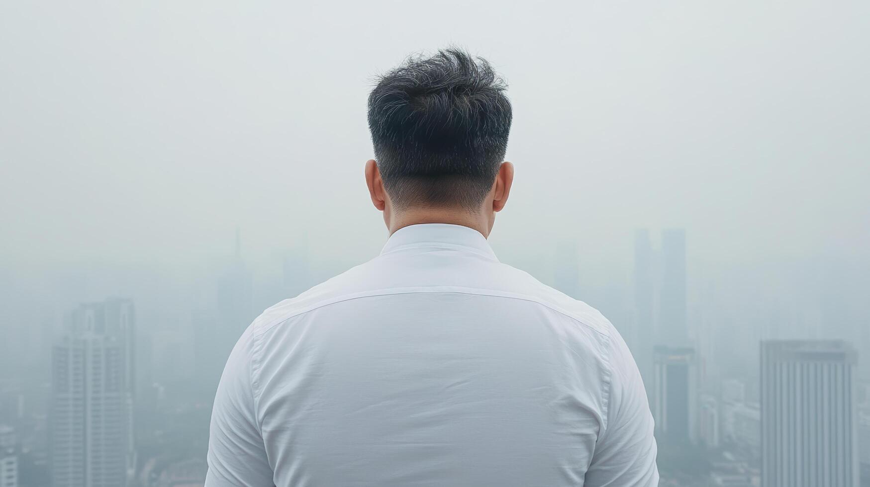 person gazing out at foggy cityscape, reflecting on life and possibilities photo