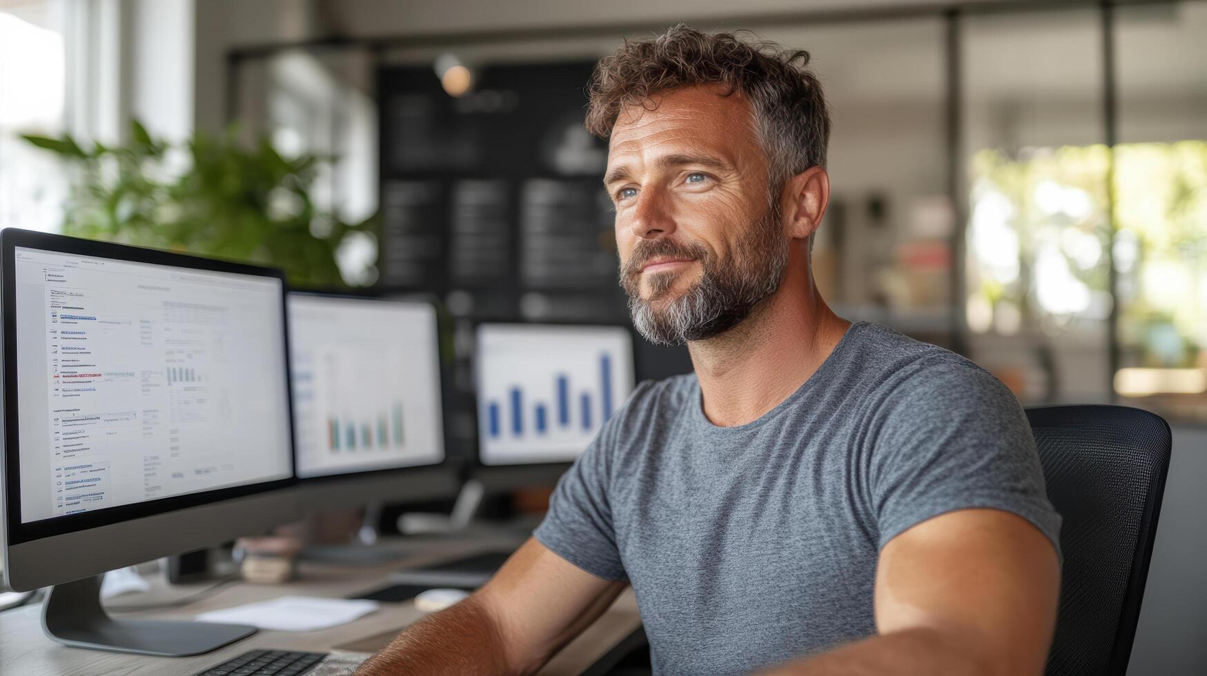 modern workspace featuring man with beard, focused on KPI dashboards and data analysis photo