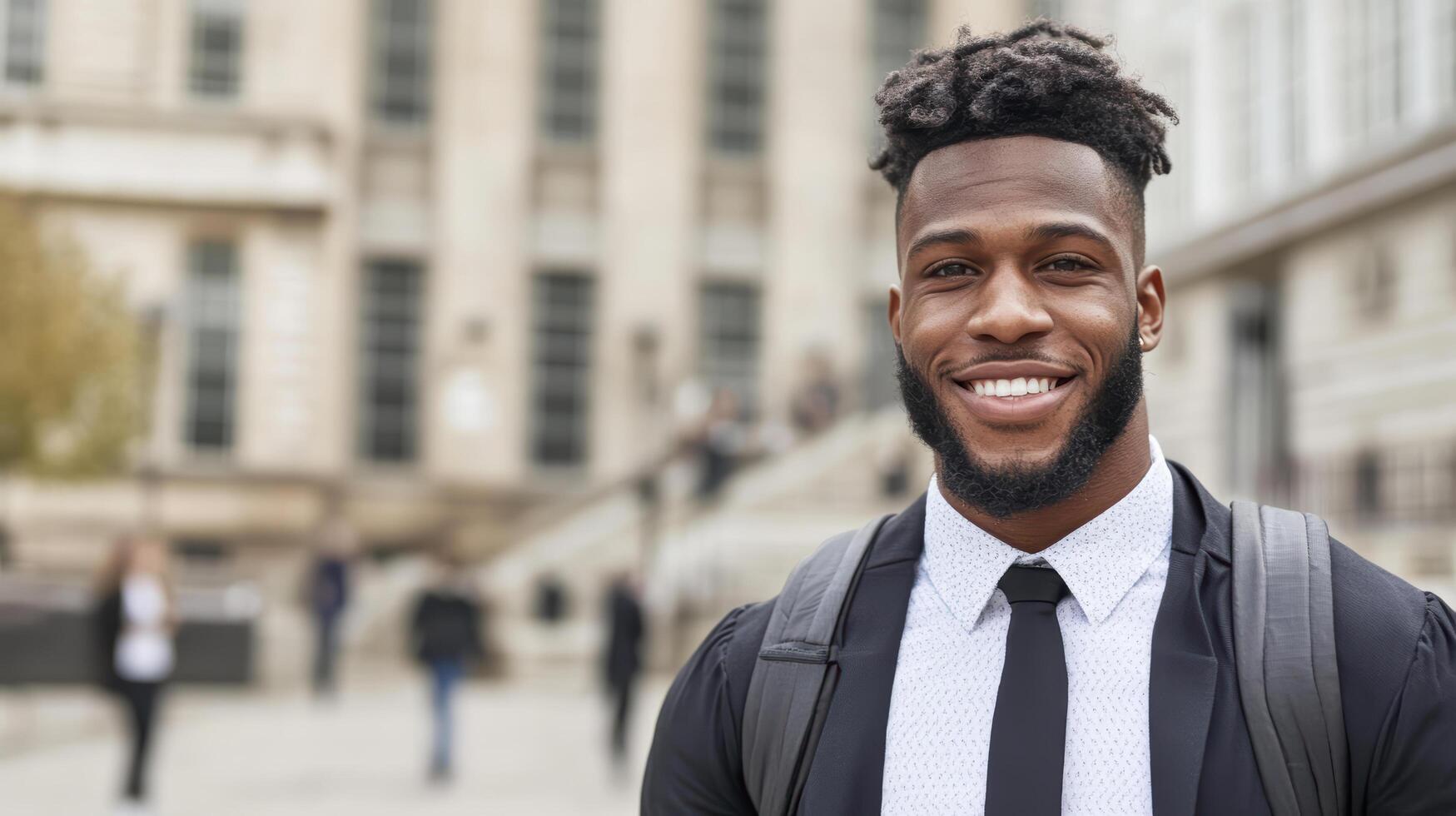 Proud graduate smiling confidently outside university building, showcasing achievement and joy photo