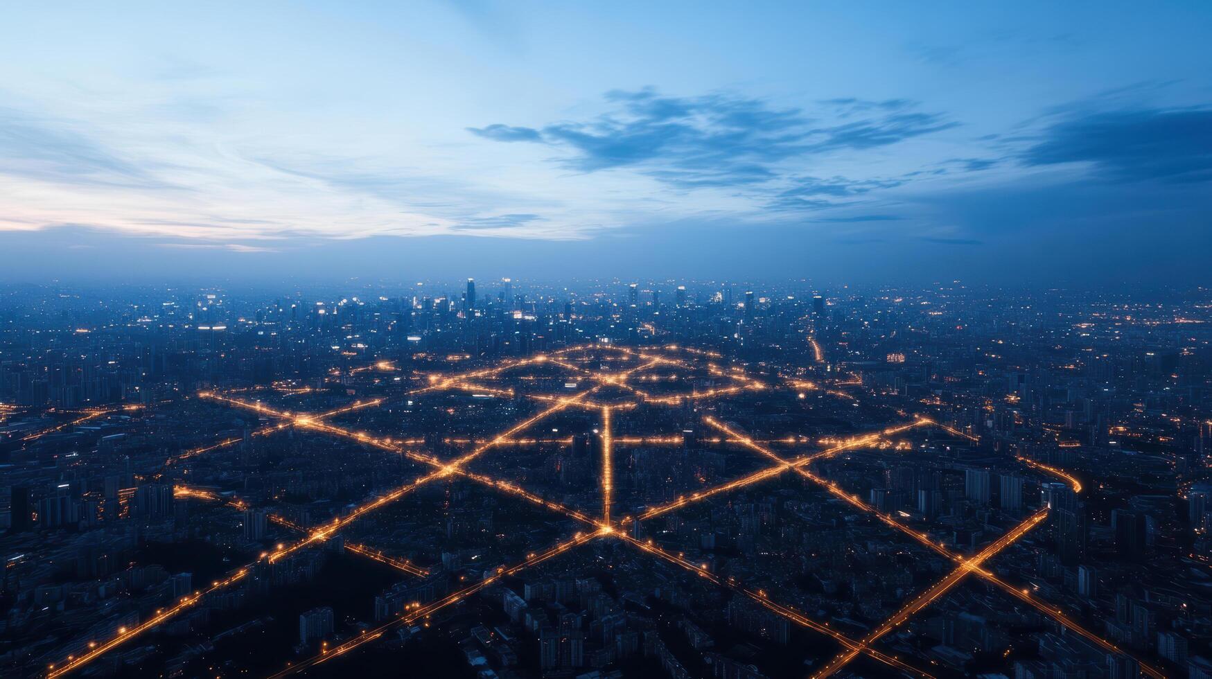 Aerial view of city dusk, showcasing illuminated streets and buildings. glowing lights create photo