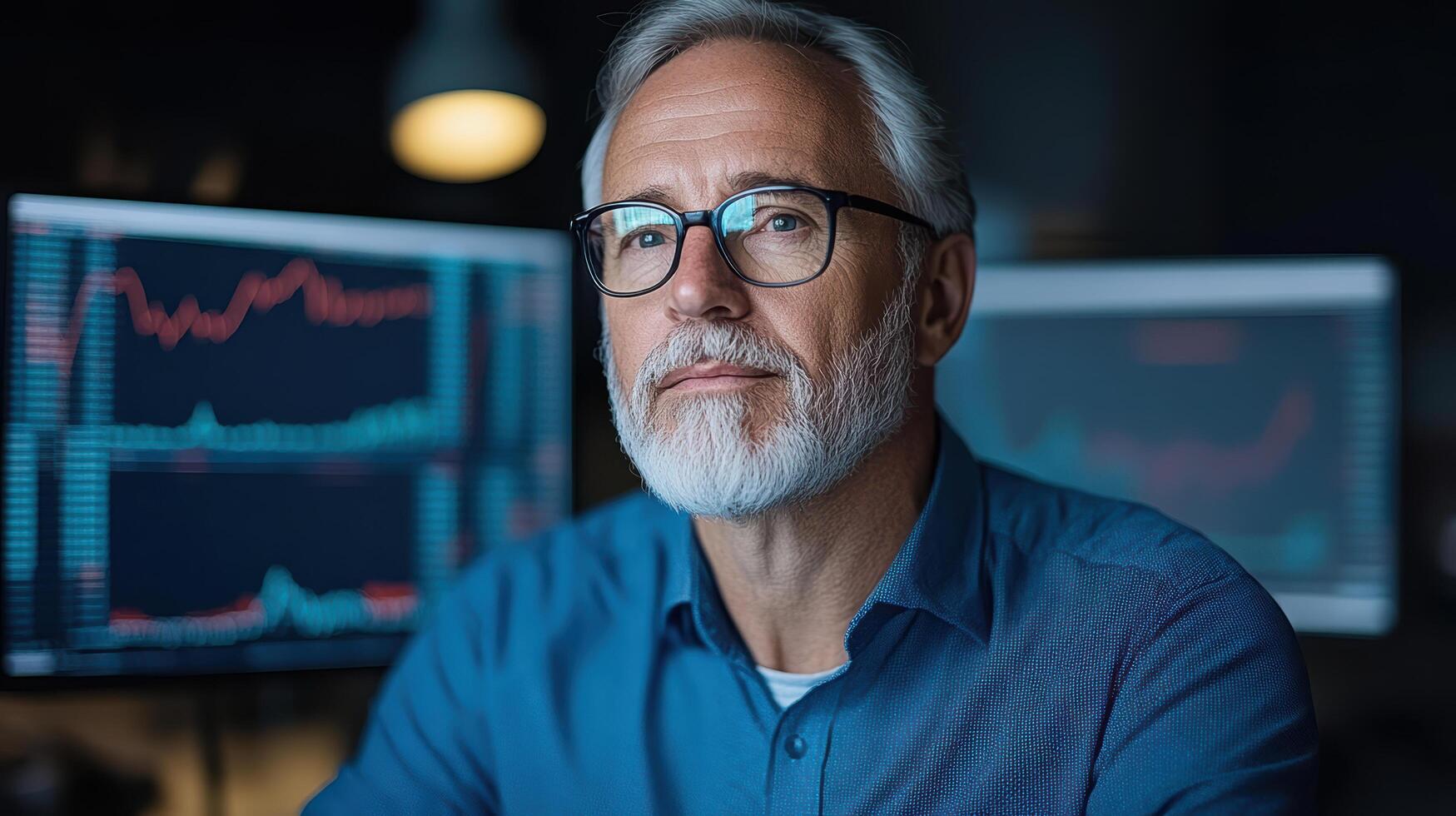 focused trader analyzing market data dimly lit office, showcasing determination and expertise photo