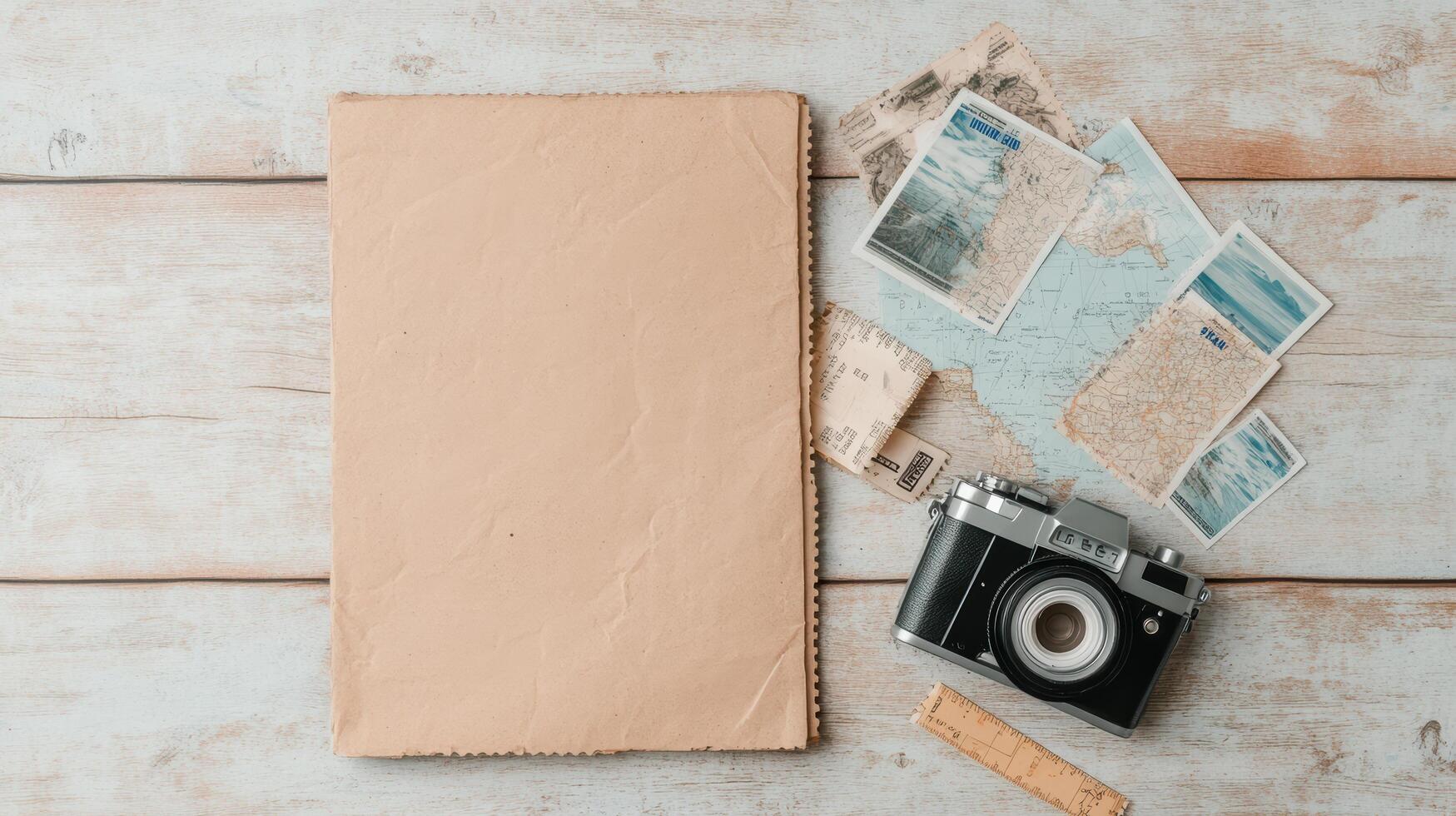vintage camera and travel memorabilia are arranged on wooden surface, evoking nostalgia photo