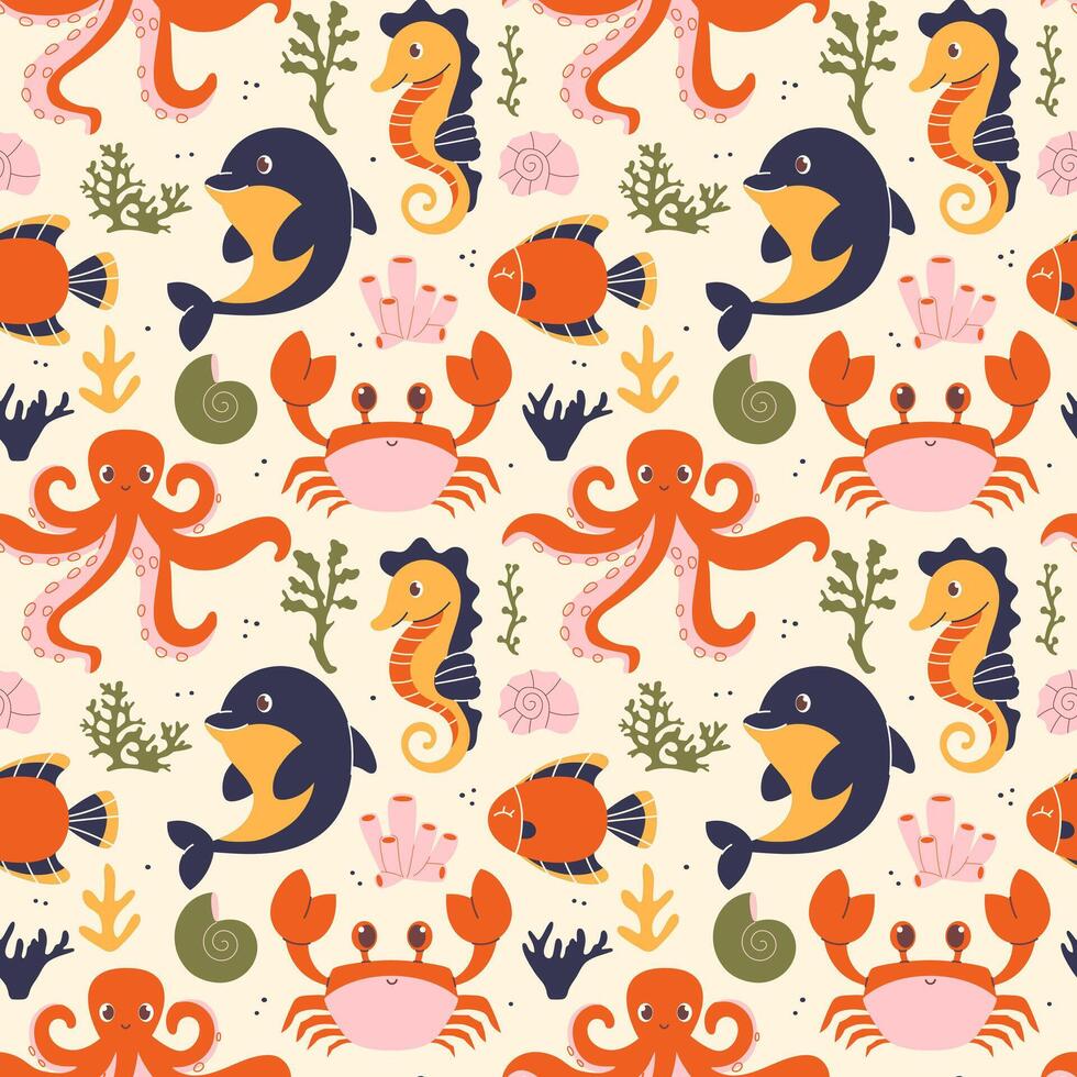 Seamless pattern with marine animals and plants vector
