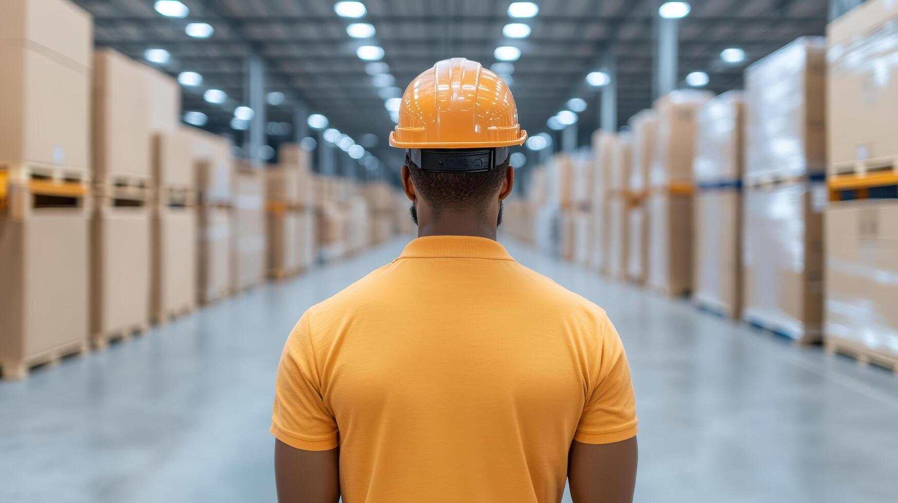 worker in orange hard hat stands in warehouse, observing organized storage photo