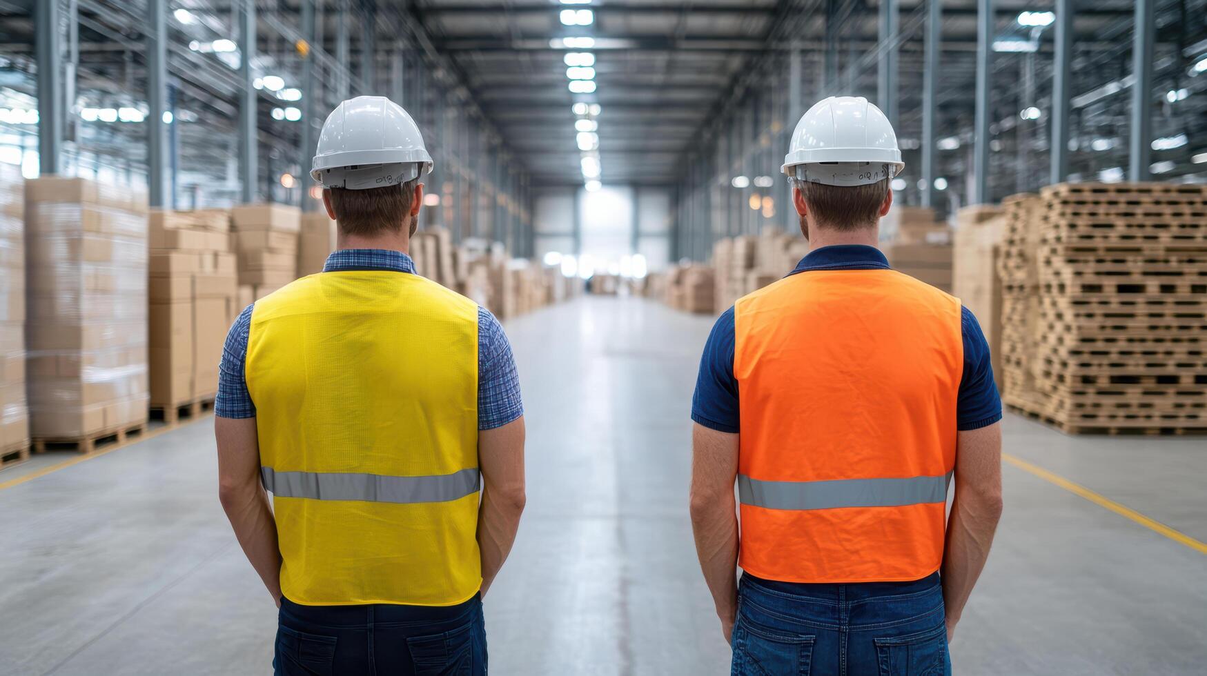 Warehouse workers in safety gear observe organized storage area, ensuring safety and efficiency photo