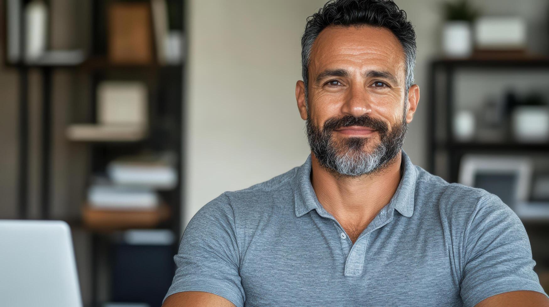 Professional man smiling confidently in modern office setting, showcasing relaxed demeanor photo