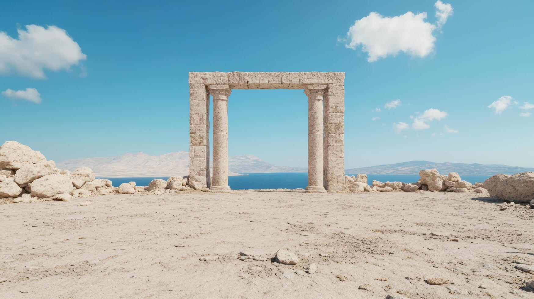 Ancient ruins with stone columns and clear blue sky create serene landscape photo