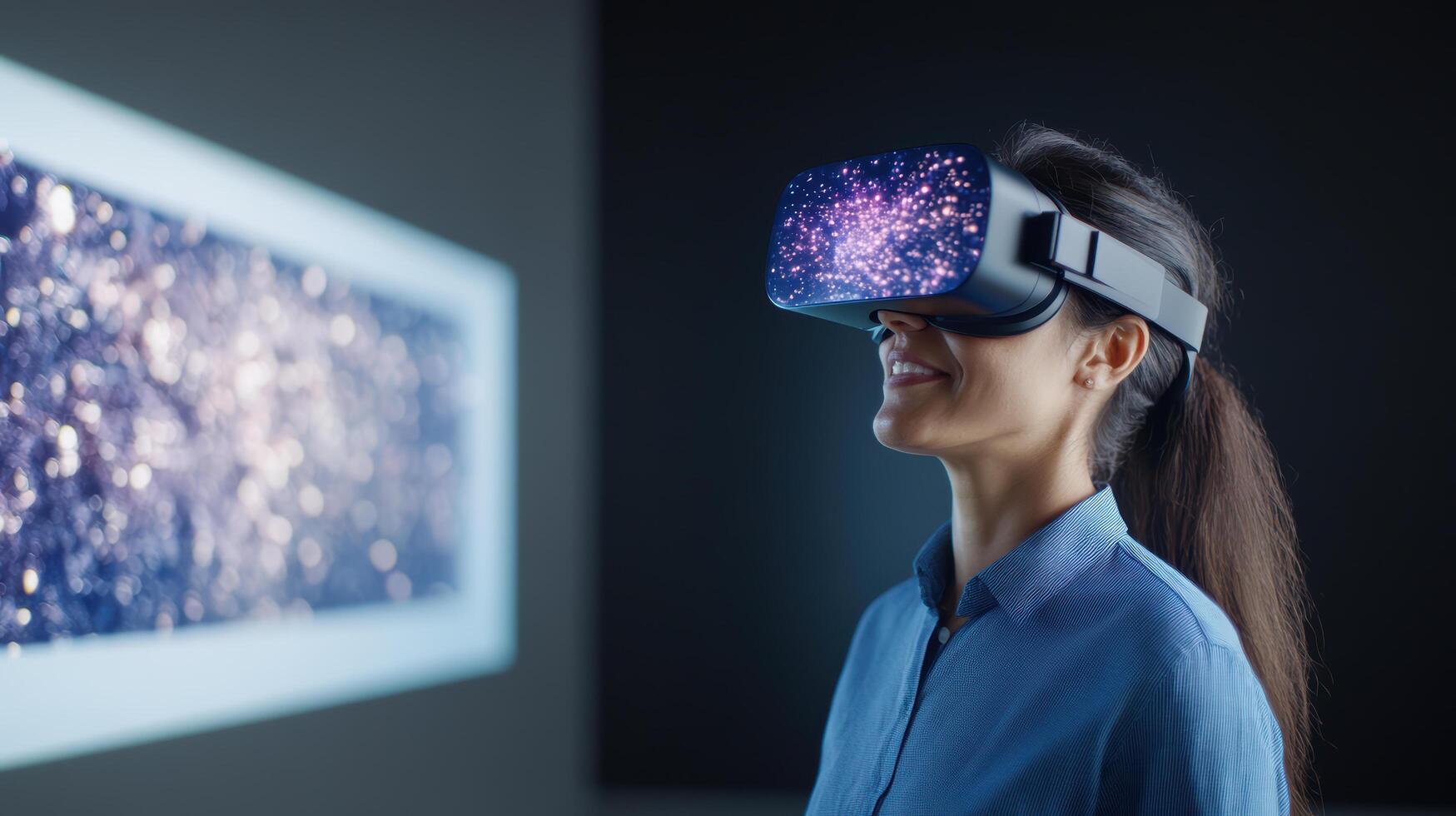 Immersive virtual reality experience with smiling user wearing headset photo