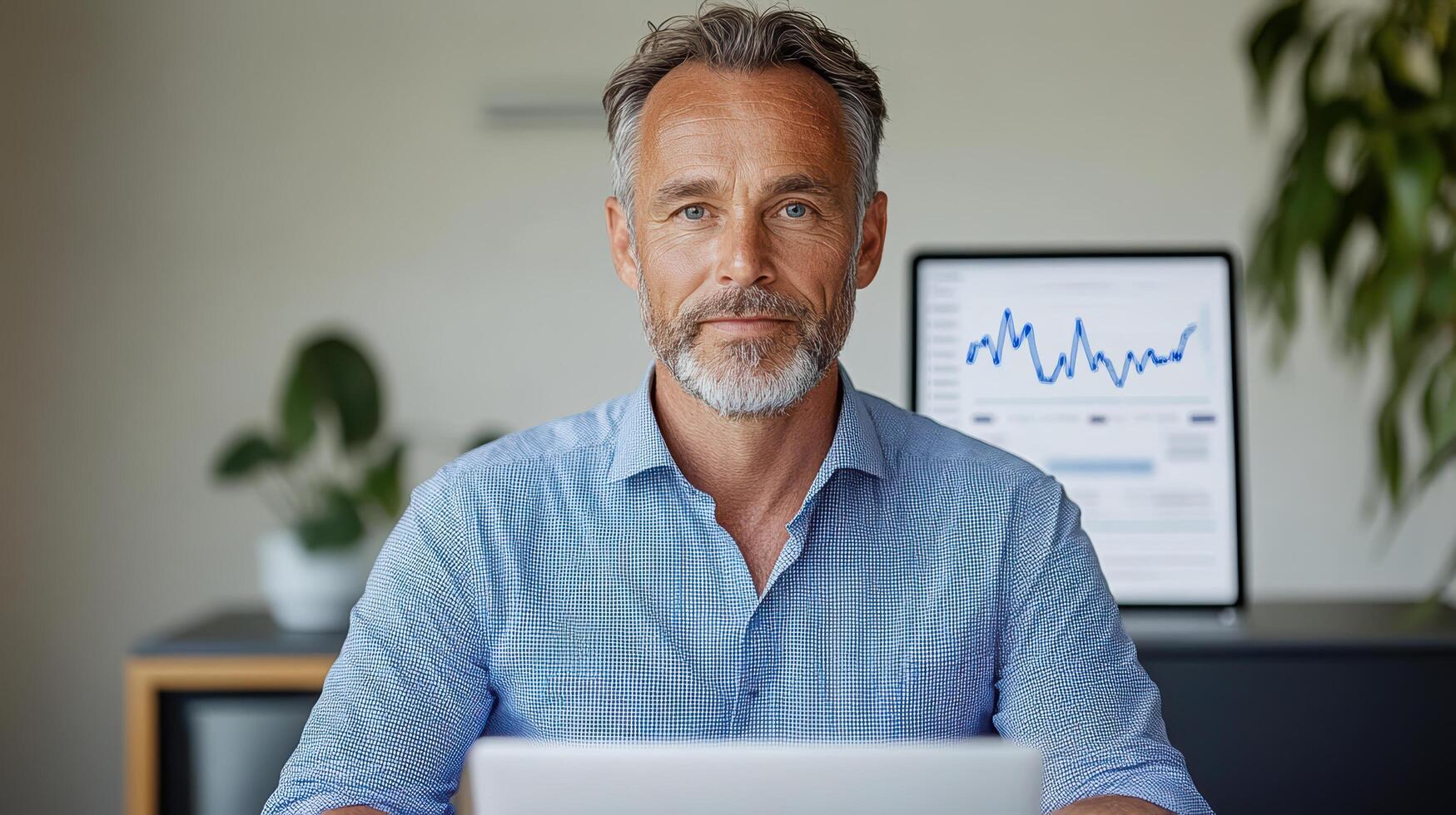 Professional man analyzing financial data with laptop and charts in background photo