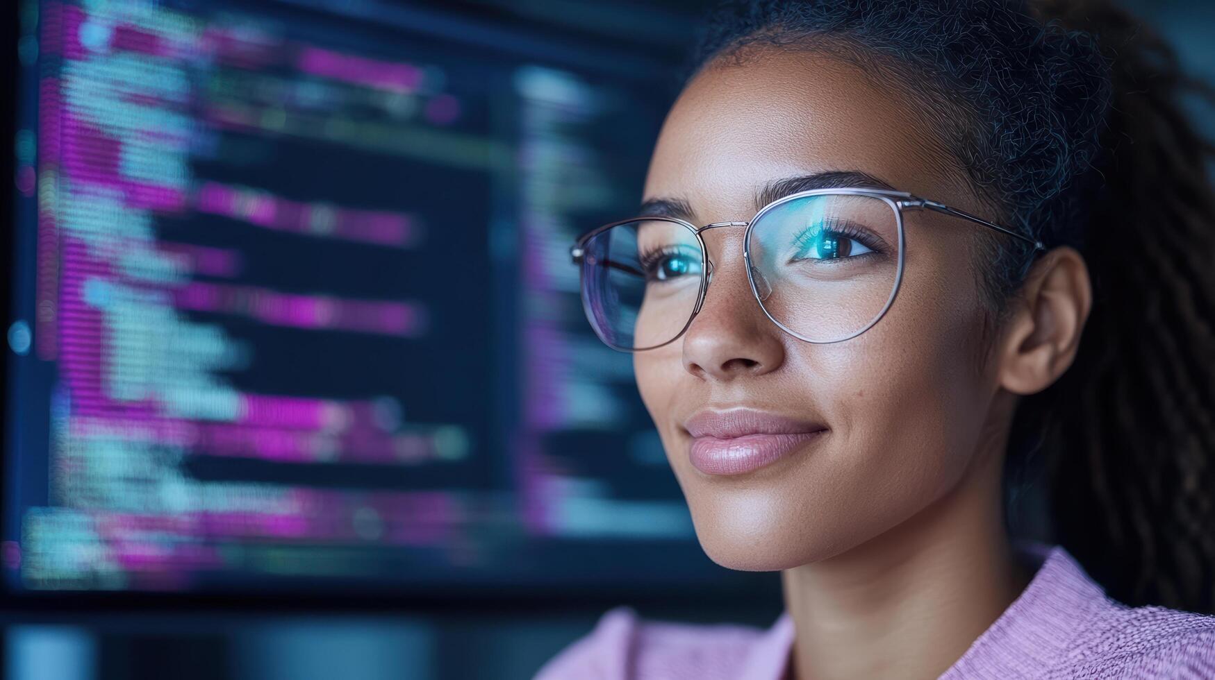 focused student coding in front of computer screen displaying colorful programming text photo