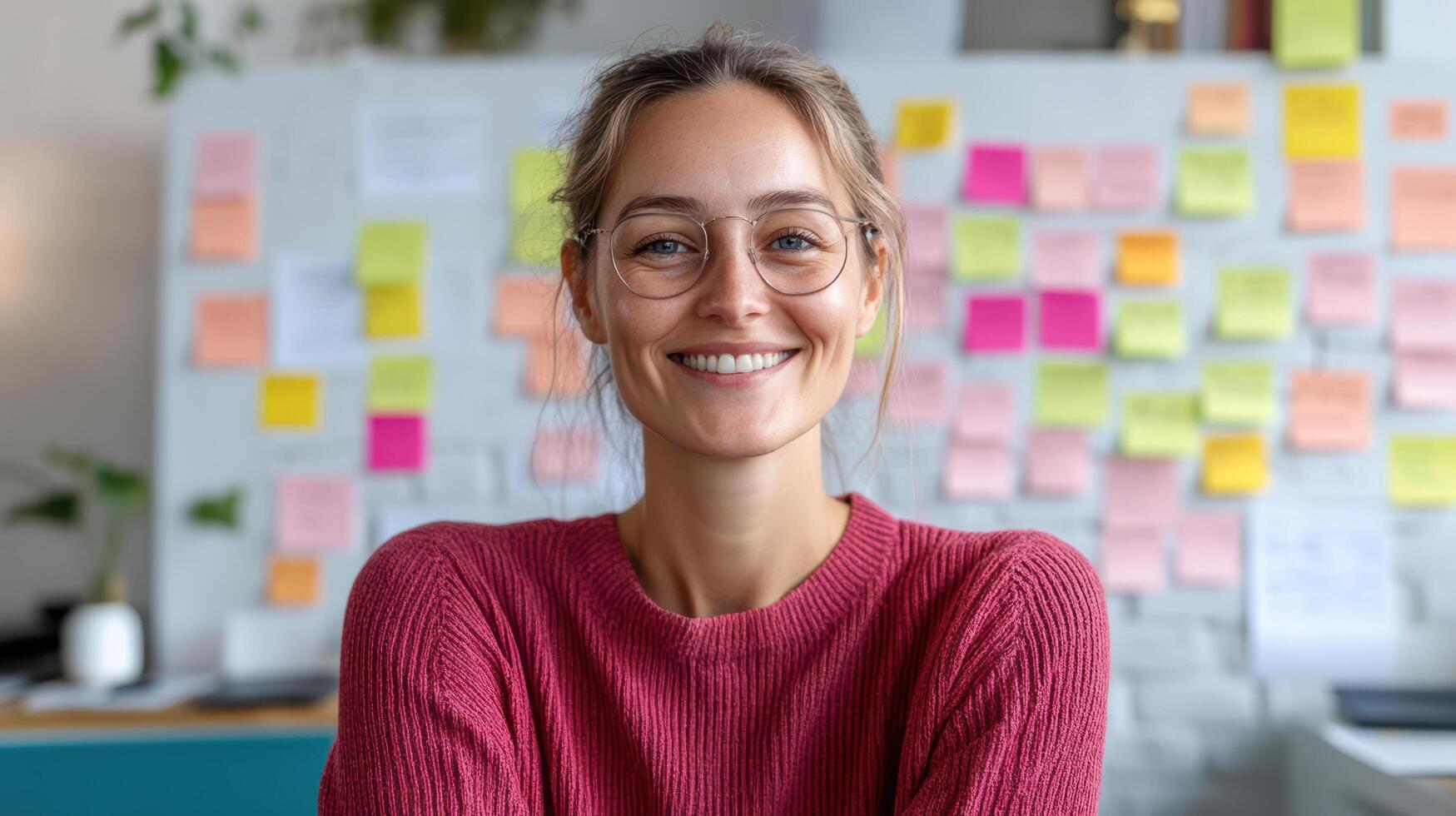 Smiling woman with glasses cozy workspace filled with colorful sticky notes, radiating photo