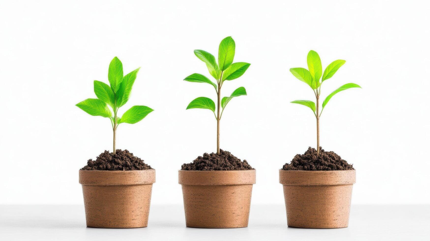 Three small plants in pots on a white background photo
