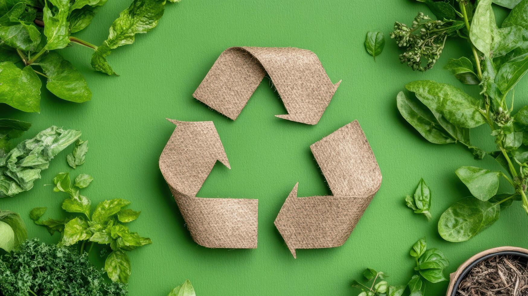 Recycle symbol made of paper on green background photo