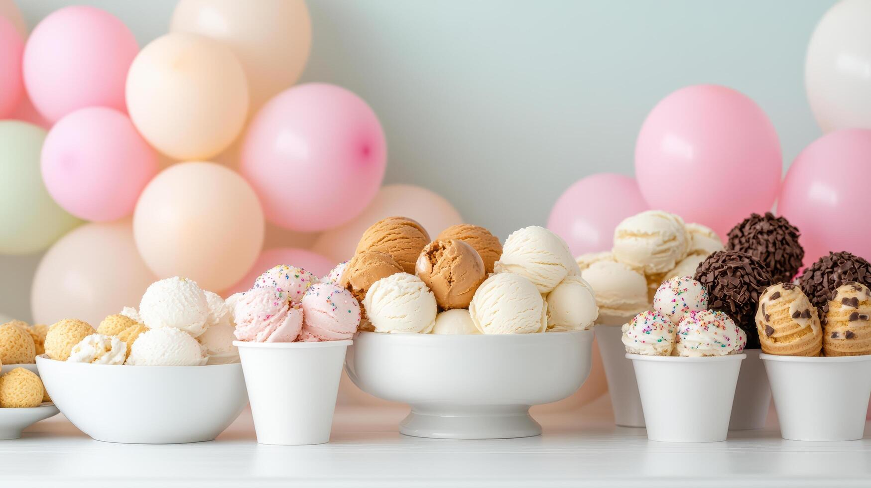 A table with several bowls of ice cream and balloons photo
