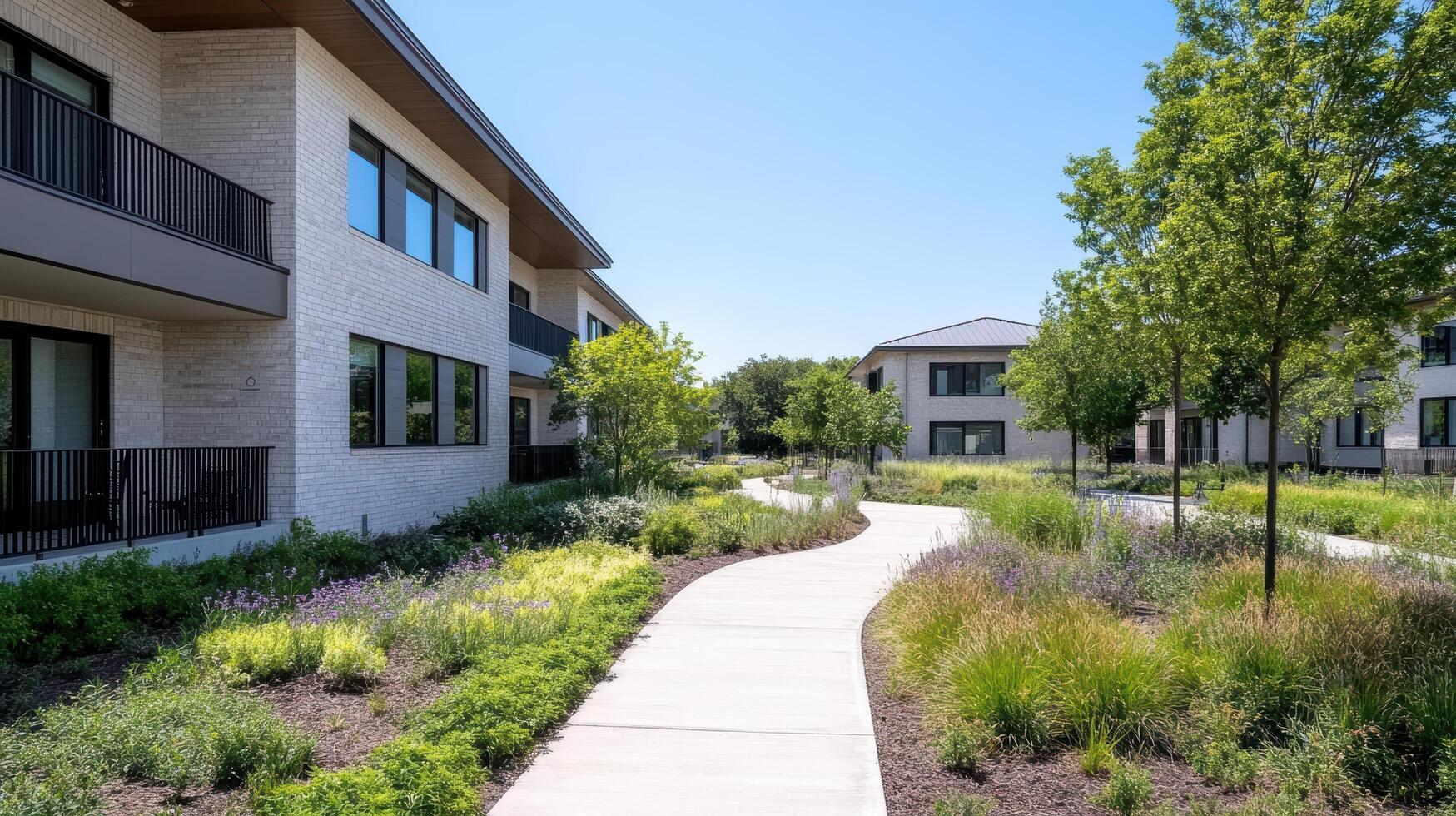 A walkway leads to a courtyard with plants and trees photo