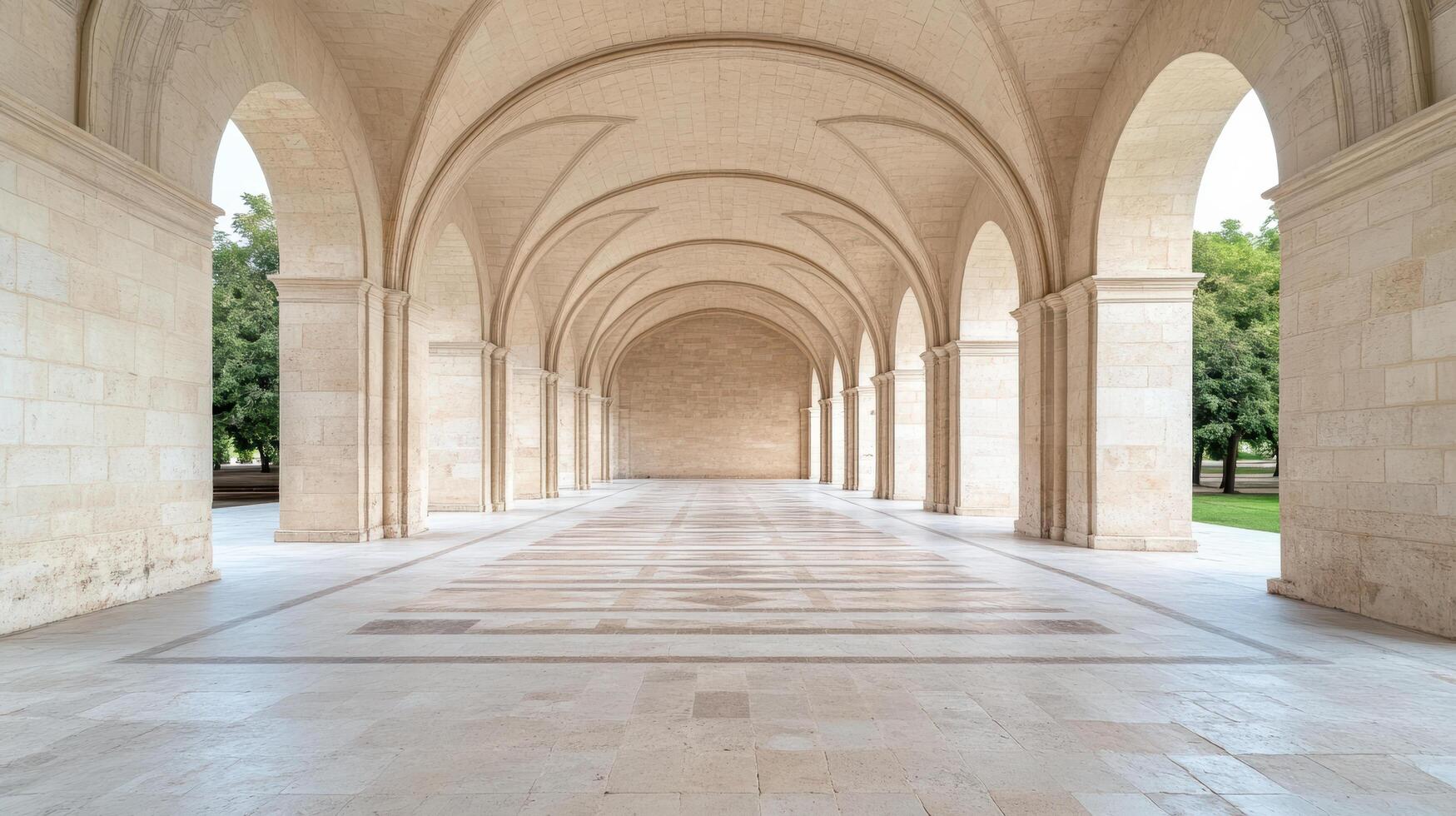 A long hallway with arches and white tile floor photo