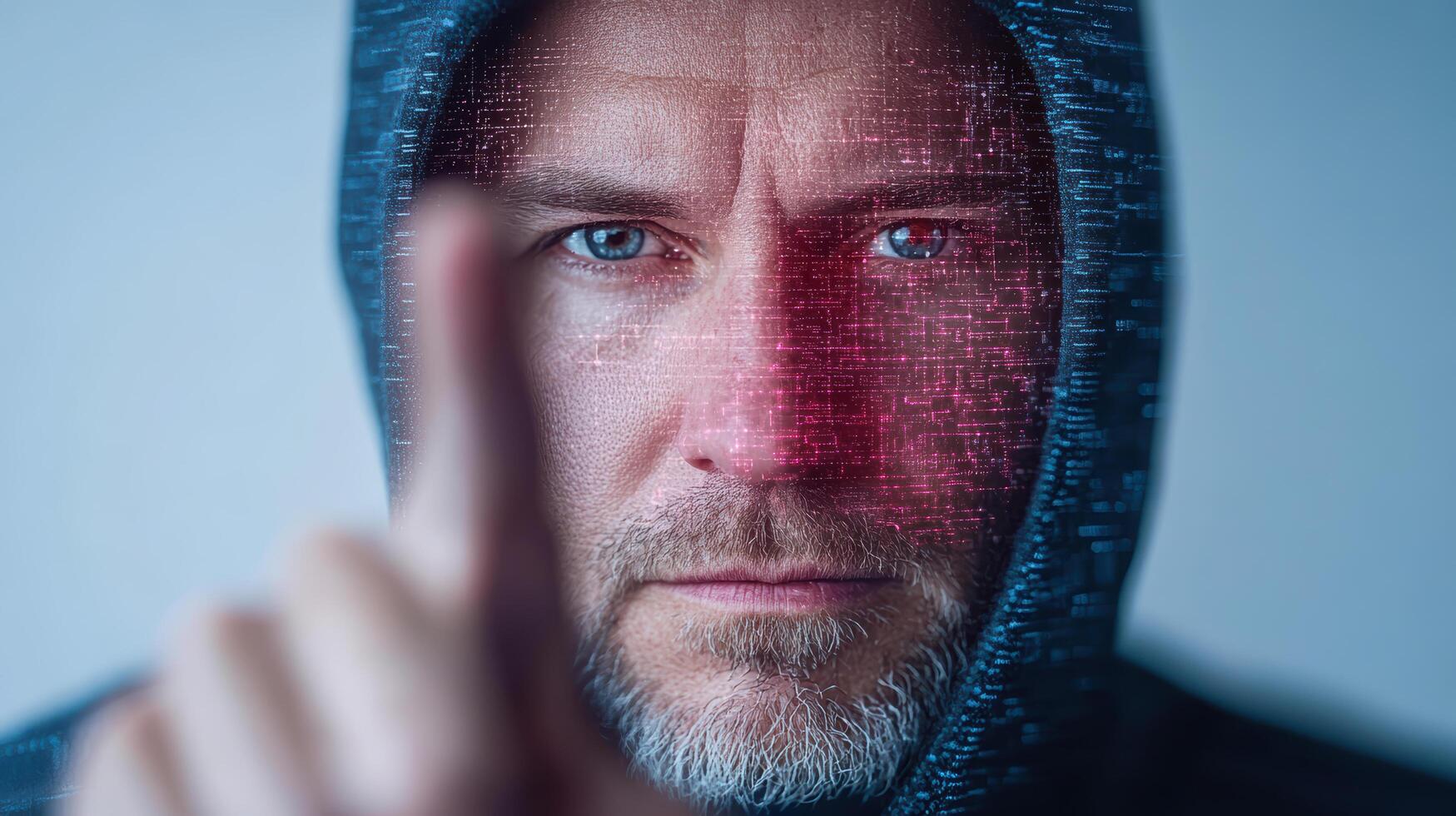 A man in a hoodie is pointing his finger up photo