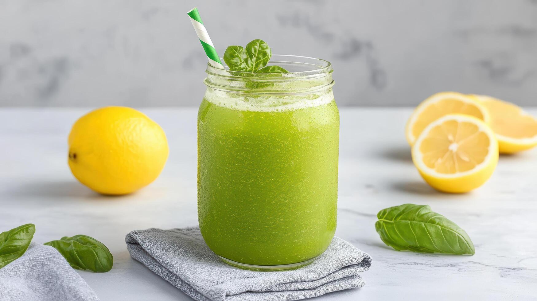 A green smoothie with lemon and mint leaves photo