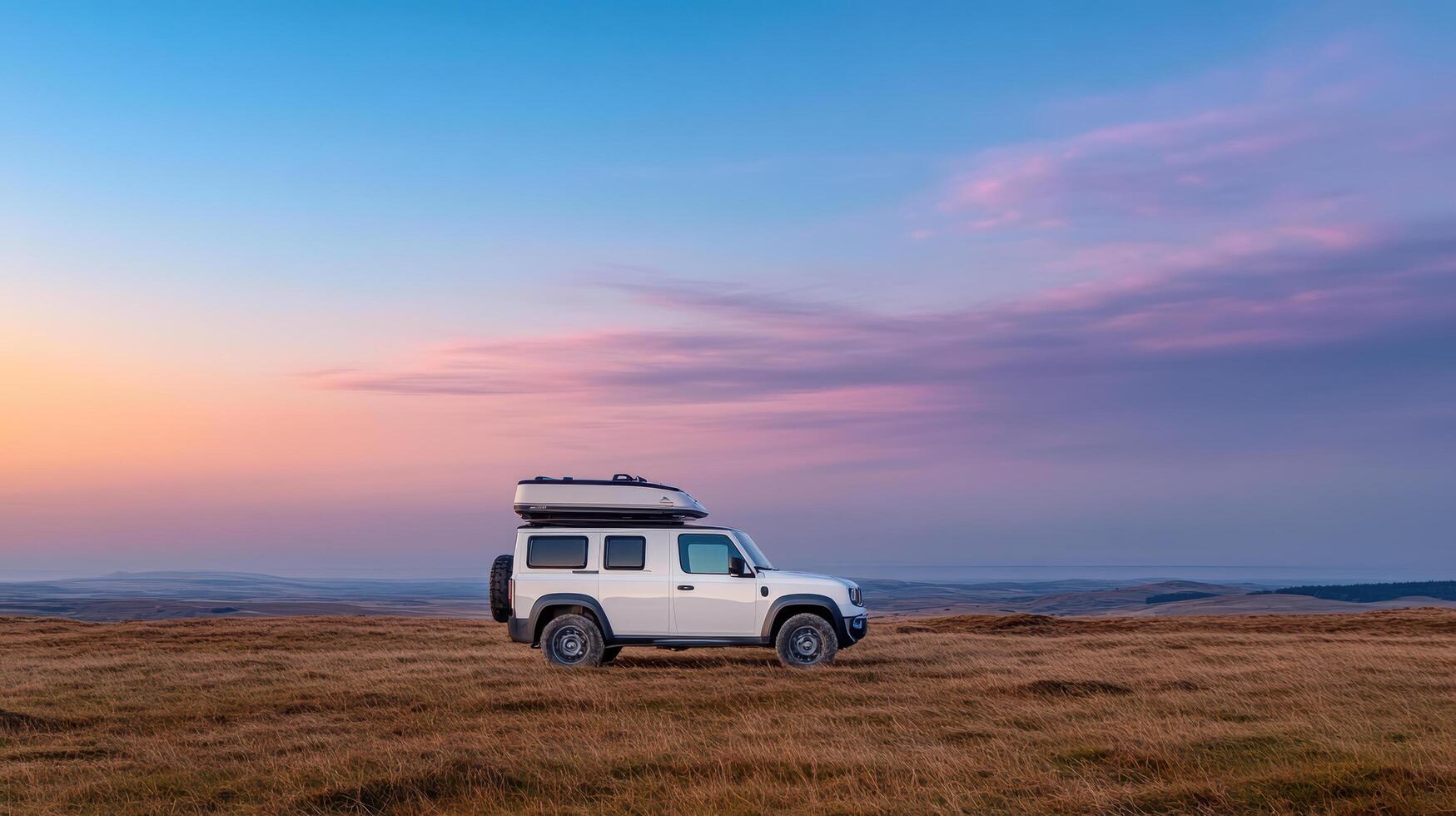 Land rover defender 110 on a hillside at sunset photo