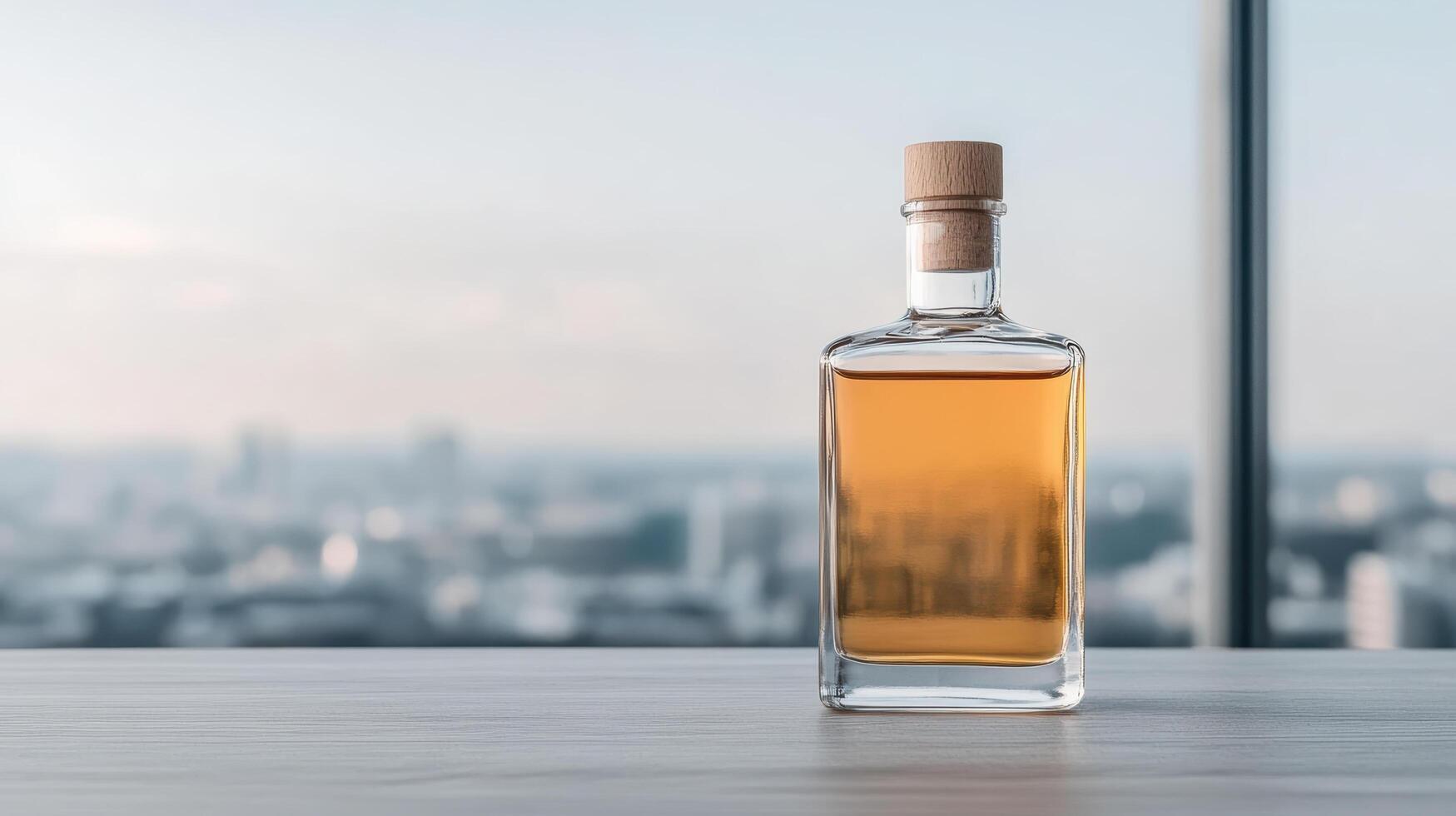 A bottle of whiskey on a table in front of a cityscape photo