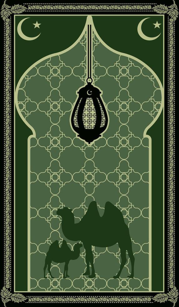 Green prayer mat with camels vector