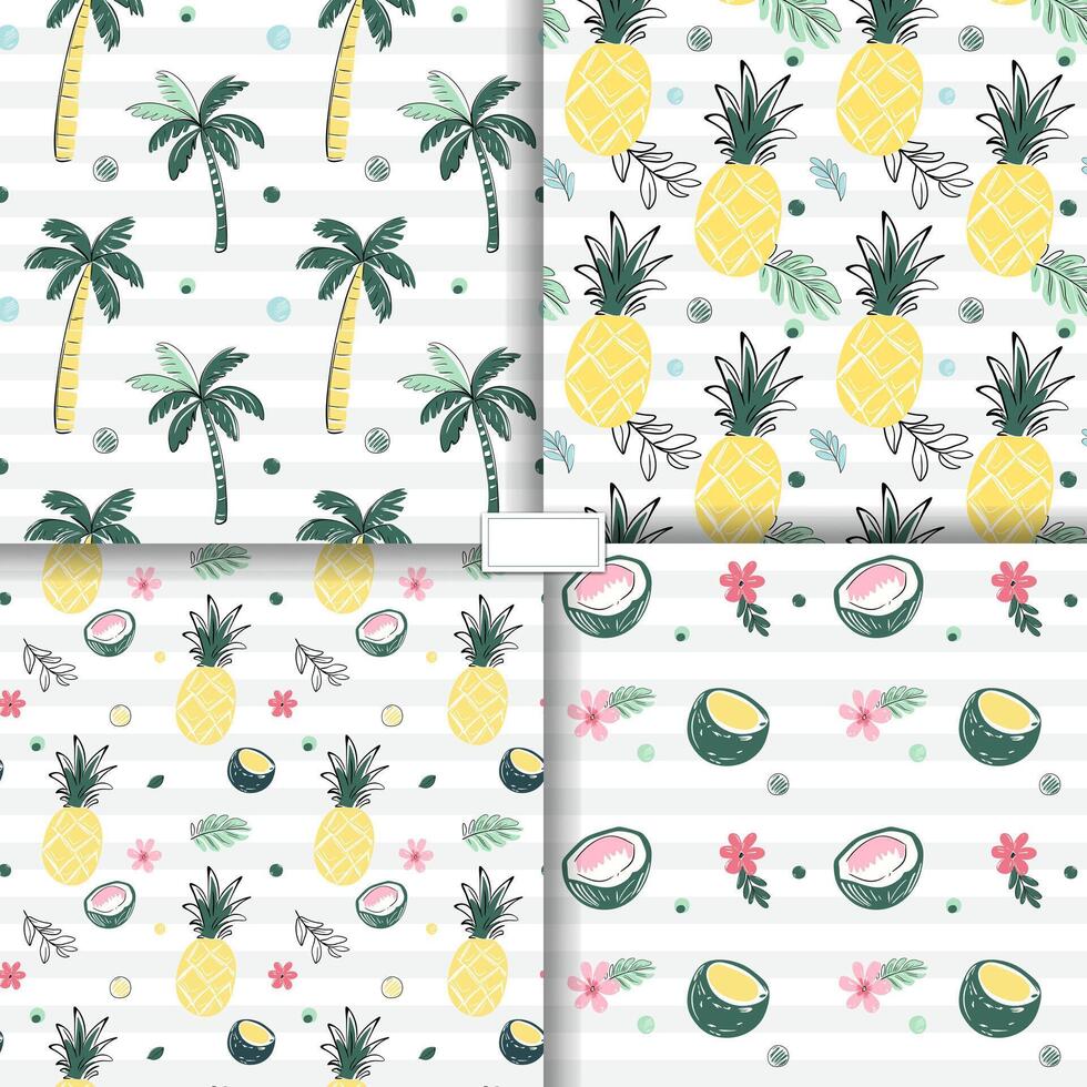 Seamless patterns with coconuts, fruits, pineapple, palm trees. Sketch drawing style. Doodle tropical backckgrounds. vector