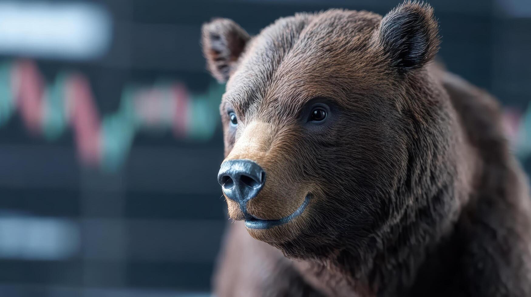 A bear is looking at the camera in front of a stock chart photo