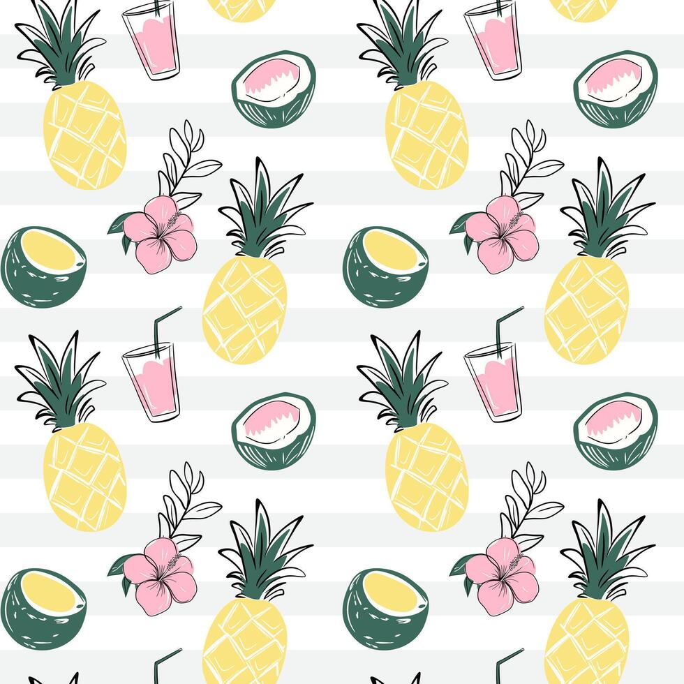 Seamless pattern with coconuts, drinks, pineapples. Doodle tropical backckgrounds. Sketch, line art drawing style. vector
