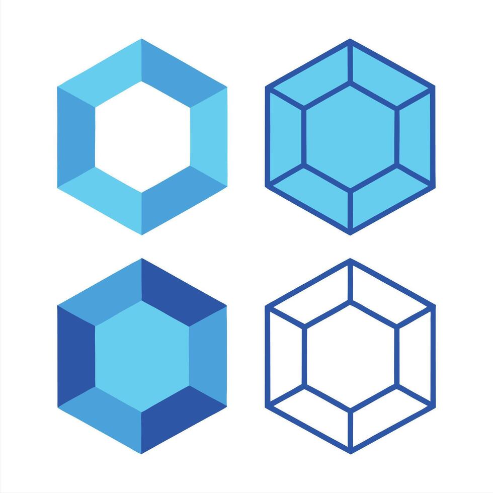 Geometric Cube Shapes 3D and Wireframe Versions in Blue vector