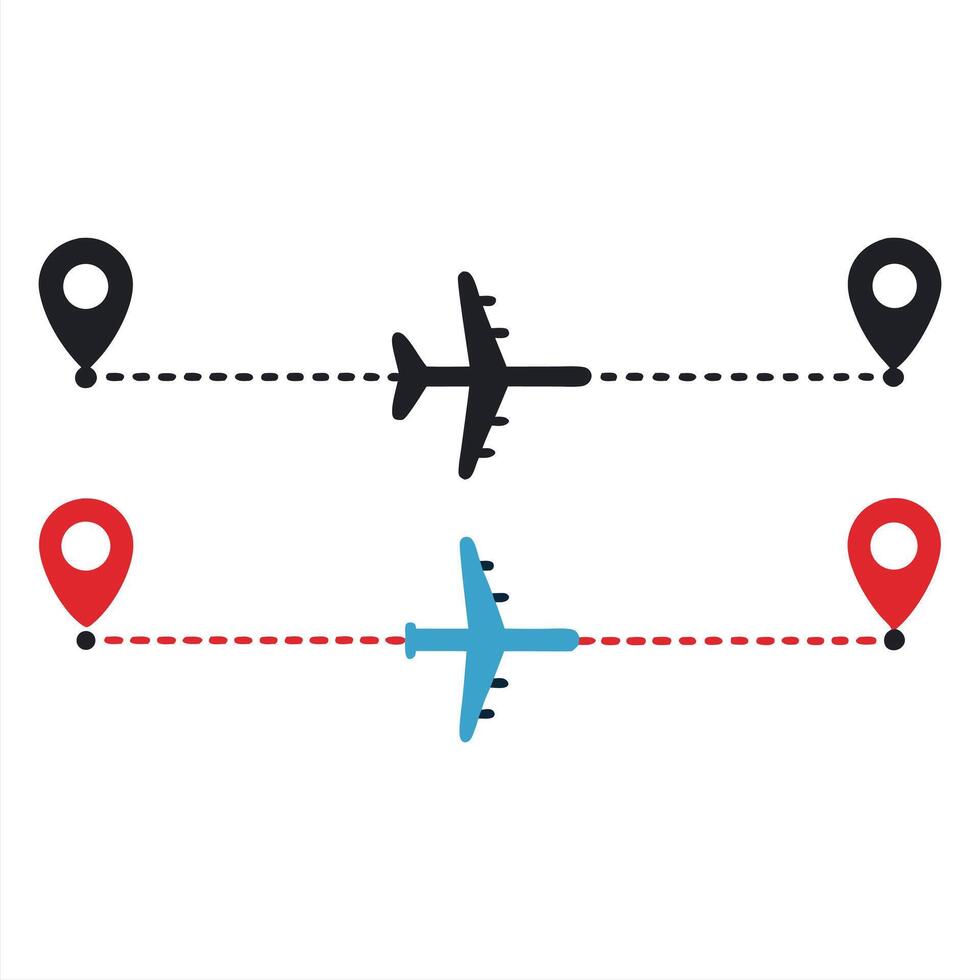 Airplane Flight Path with Location Markers in Black and Blue vector