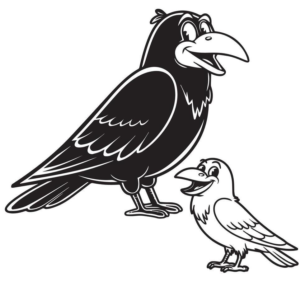 a black and white drawing of a crow and a crow with a beak vector