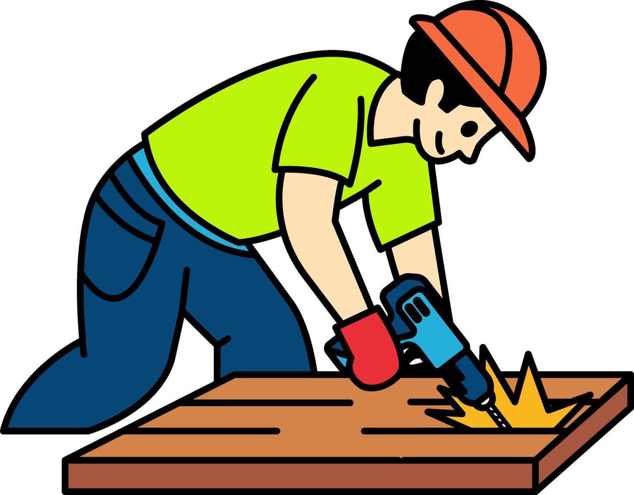 flat icon of A mechanic is using a drill to drill into wood vector