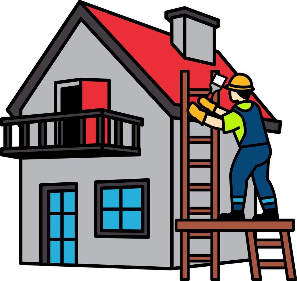 flat icon of The painter is painting the exterior of the house vector