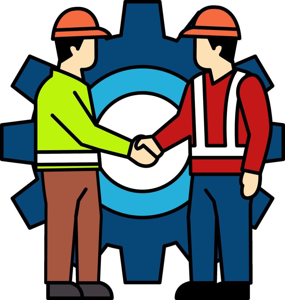 flat icon of Two technicians are shaking hands in front of a gear vector