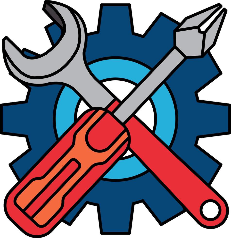 flat icon of Screwdriver wrench and gear behind vector