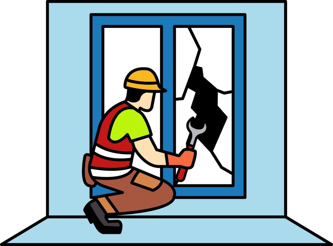 flat icon of The glazier is installing a new window pane vector