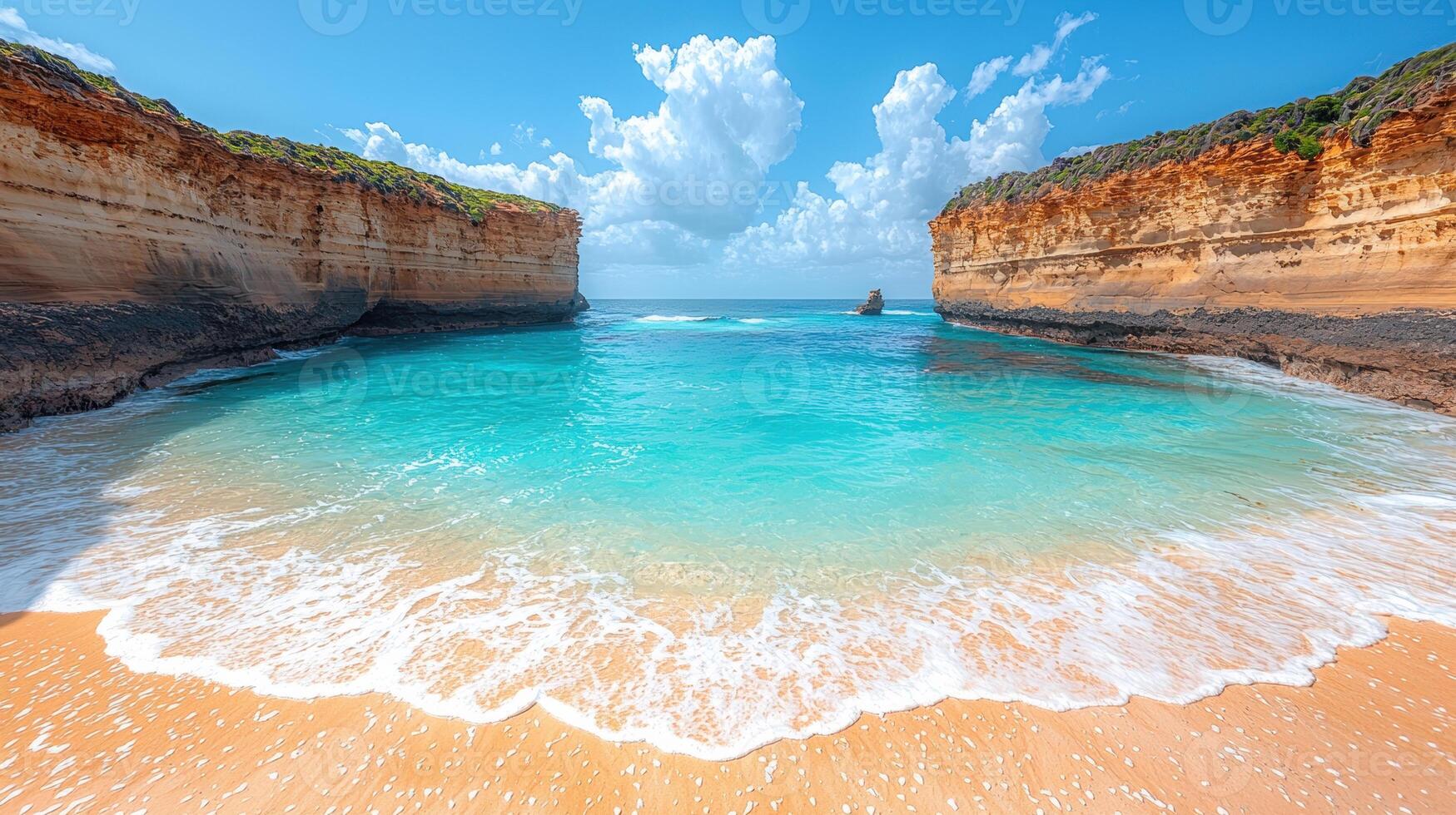 stunning coastal scene featuring serene beach with turquoise waters, golden sand, and dramatic cliffs bright blue sky filled with fluffy clouds. tranquil atmosphere invites relaxation photo