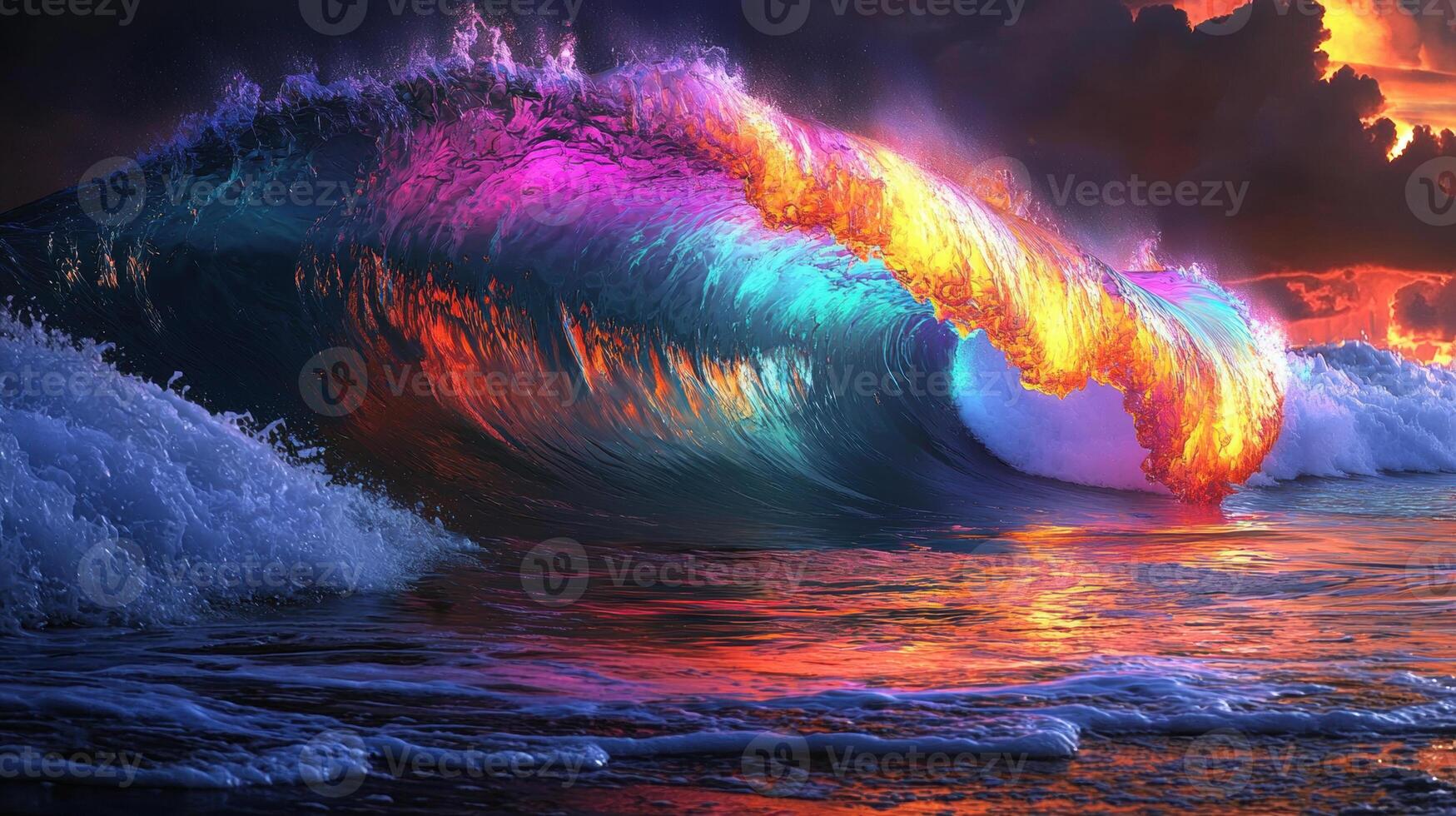 vibrant wave crashes against shore, illuminated by stunning colors reflecting sunset. scene captures beauty of nature, evoking sense of wonder and tranquility photo