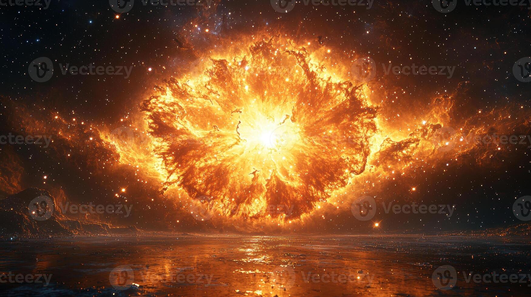 stunning cosmic explosion illuminates dark expanse of space, showcasing vibrant orange and yellow hues. This breathtaking scene captures beauty and power of celestial phenomena, evoking sense photo