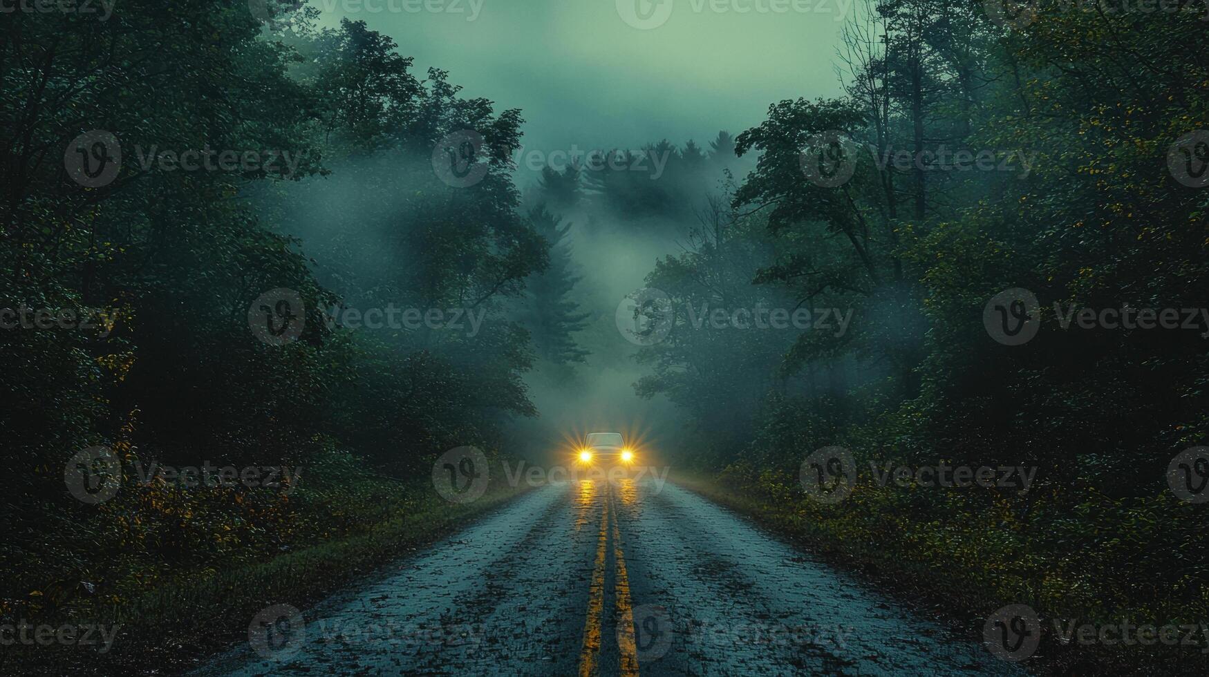 misty forest road illuminated by headlights creates mysterious atmosphere, inviting adventure and exploration. surrounding trees and fog enhance sense of tranquility and wonder photo