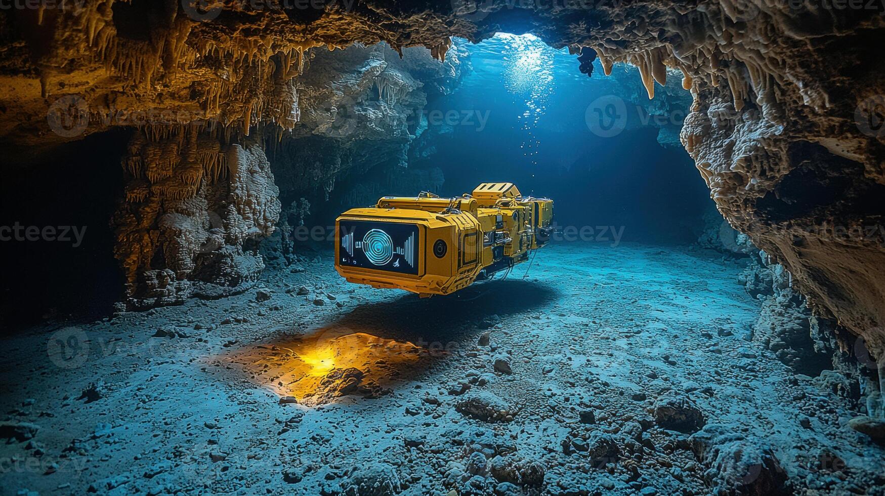 Exploring depths of ocean, yellow submarine glides through underwater cave illuminated by soft light, revealing stunning rock formations and mysterious beauty of marine life. scene evokes sense photo