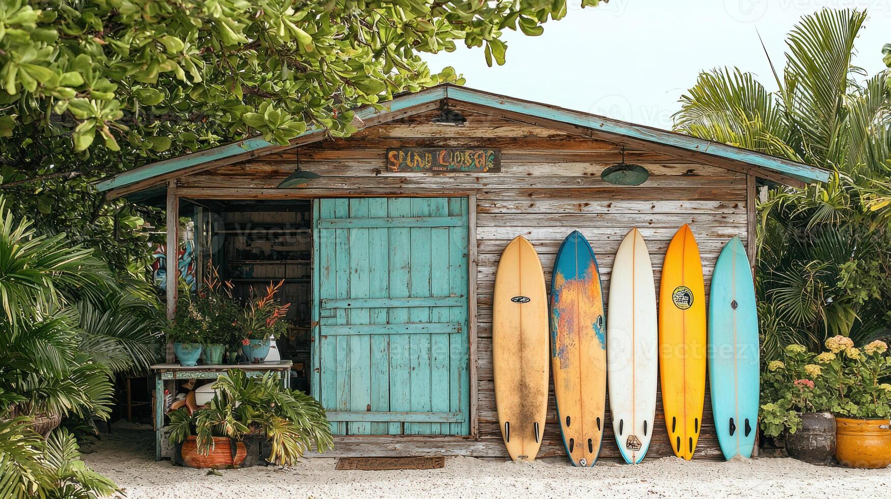 charming beach hut surrounded by lush greenery features colorful surfboards lined up outside. This inviting scene captures essence of beach vacations and joy of surfing photo