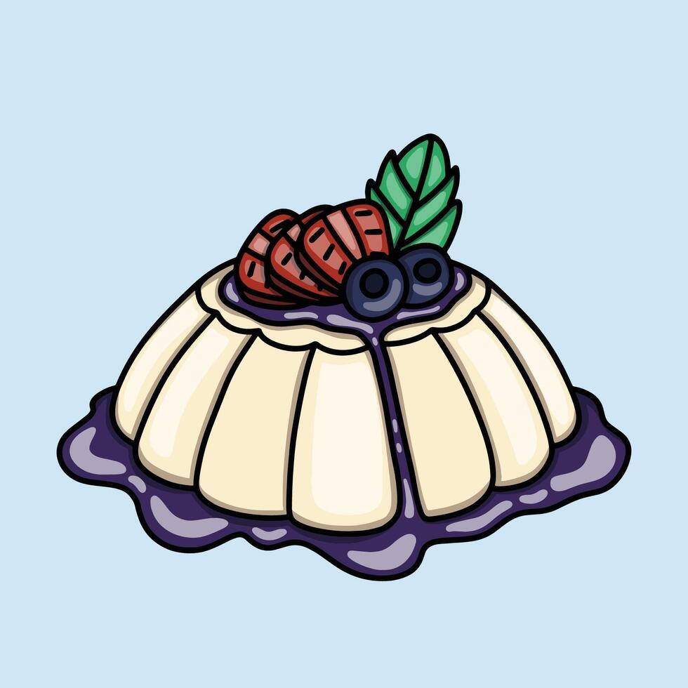Sweet and tempting panna cotta topped with strawberry, blueberry and blueberry sauce vector