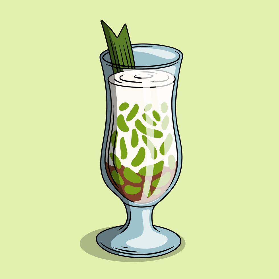 Delicious dawet or cendol with coconut milk, palm sugar and pandan leaves vector