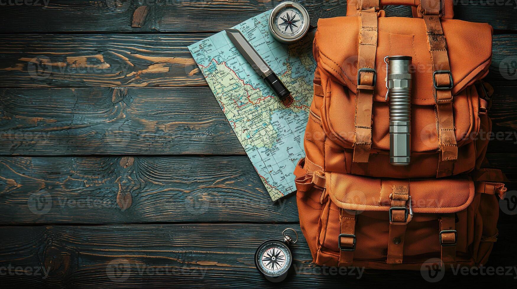 rugged backpack sits on wooden surface alongside map, flashlight, and compass, perfect for camping adventures. This setup inspires exploration and outdoor excitement photo