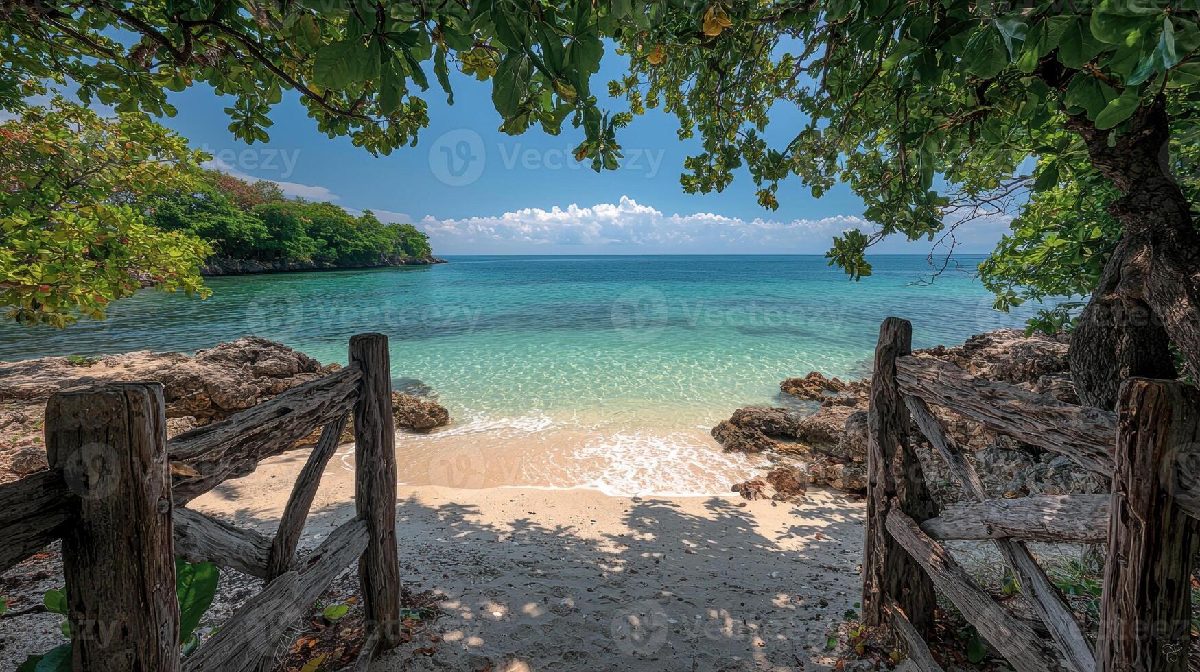 serene beach scene captures essence of vacations with its clear turquoise waters and lush greenery. inviting shore beckons visitors to relax and enjoy beauty of nature photo